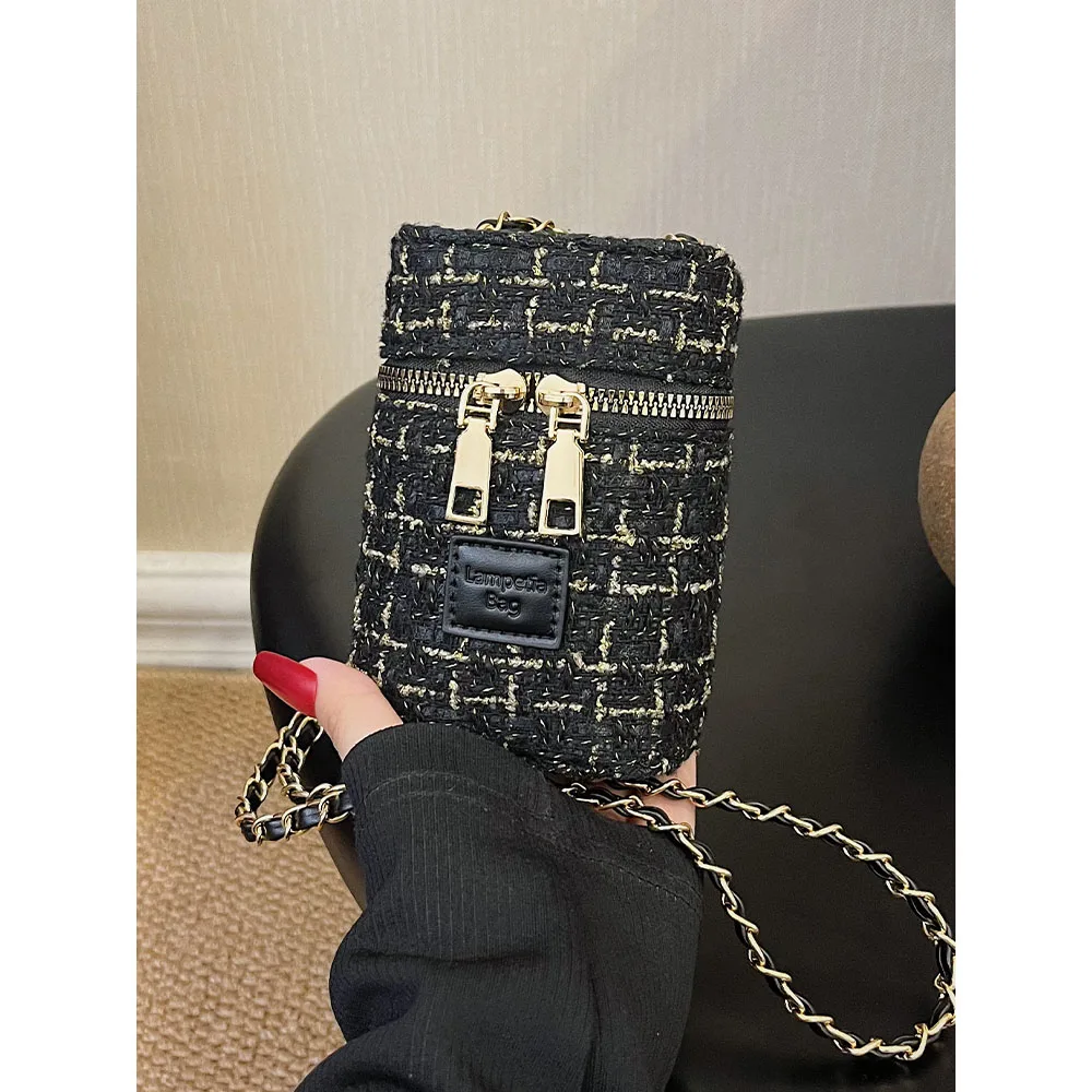 Women Fashion Tweed Mini Bucket Bags Plaid Print Flap Chain Shoulder Bags Female Casual Shopping Messenger Phone Pack