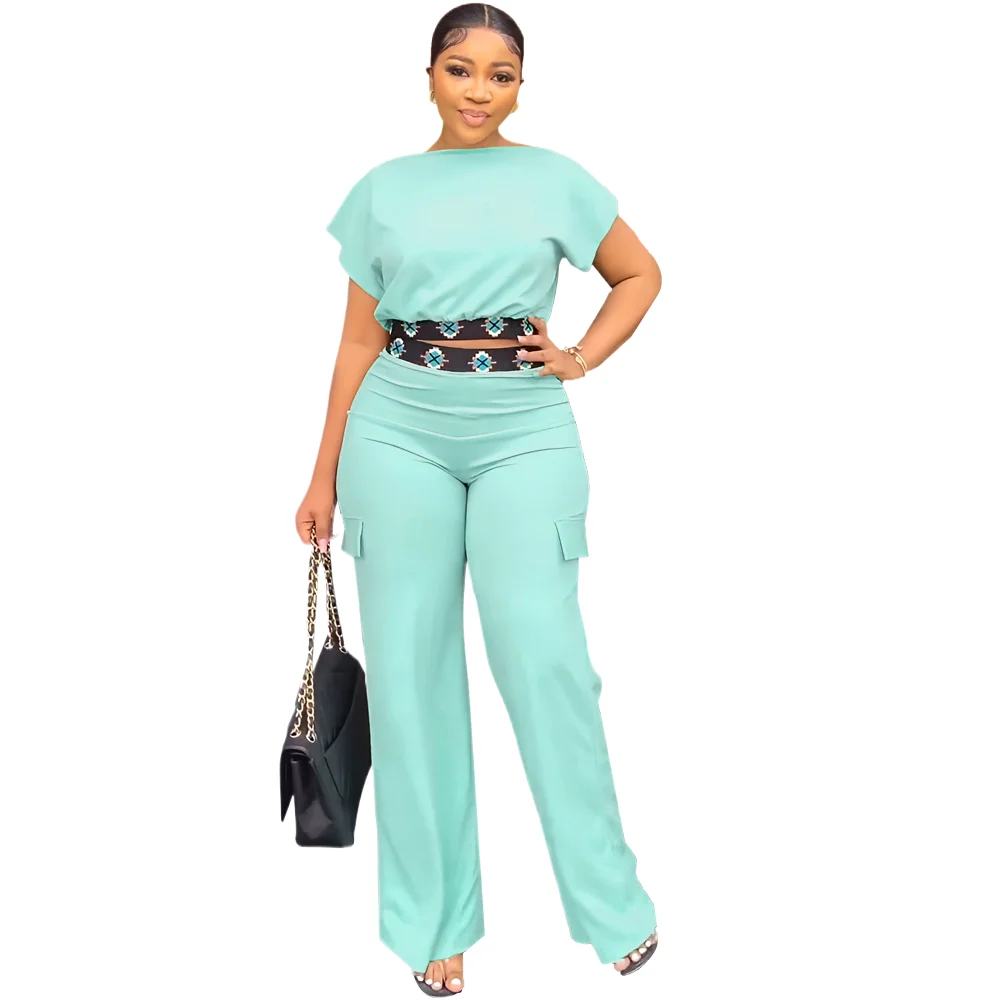 

Spring New Casual Splicing 2 Piece Set Elegant Commuting Round Neck Short Sleeve Pullover Top Elastic Waist Wide Leg Pants Set