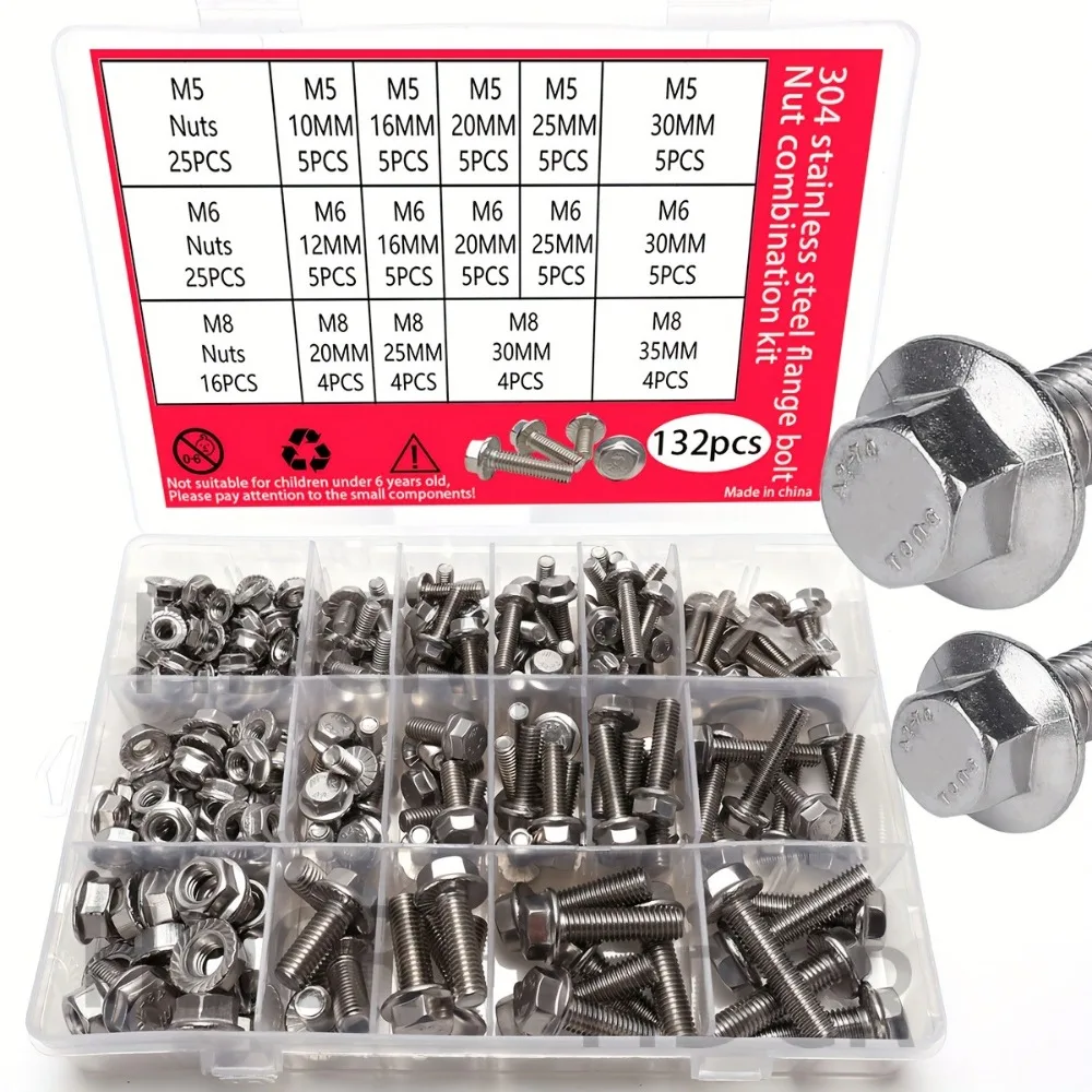 132-Piece Stainless Steel Hexagonal Flange Bolt and Nut Set, M5/M6/M8, Suitable for Home Repairs and Industrial Equipment.