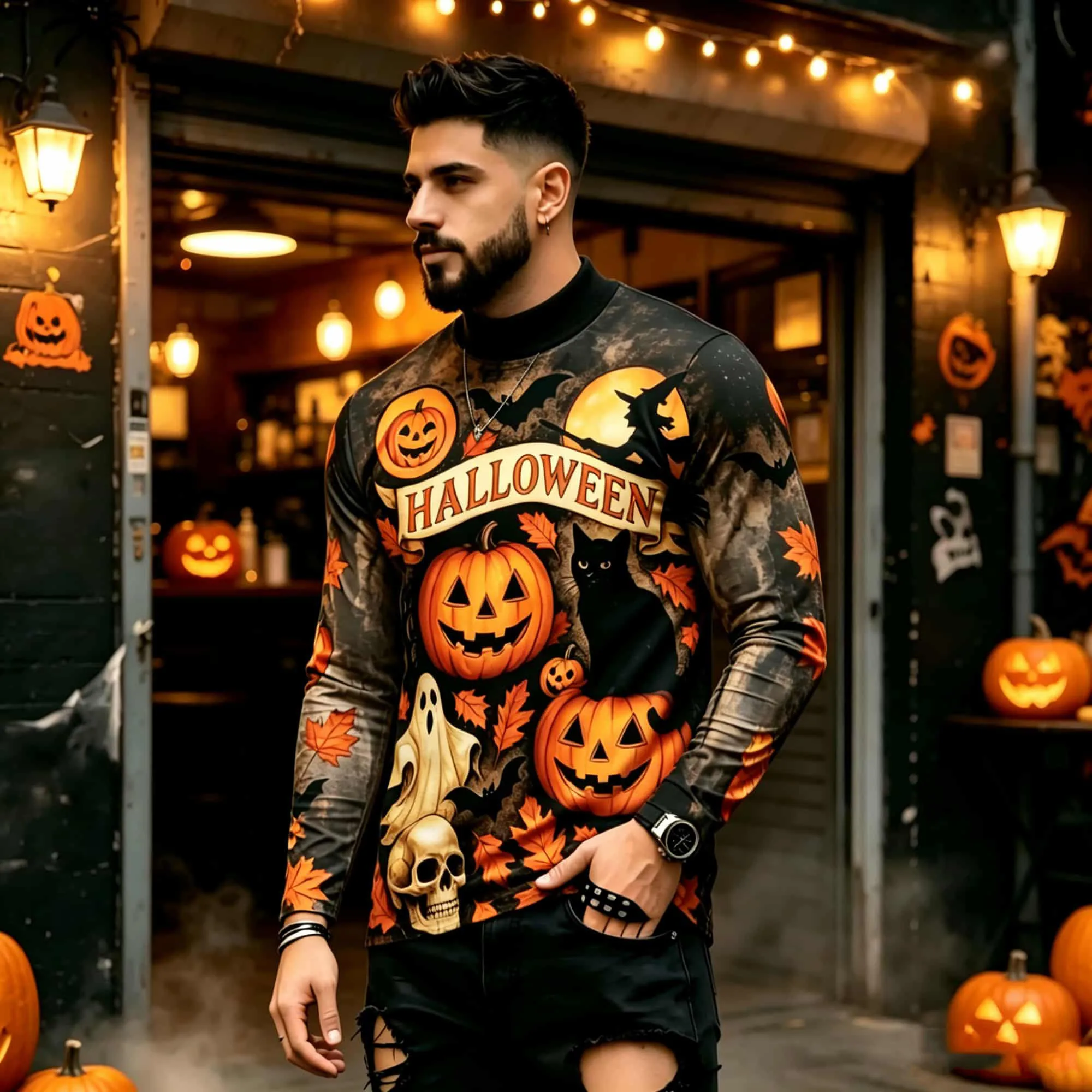Casual Fashion Street Style Halloween Printed Long‑Sleeve T‑Shirt Pumpkin Ghost Black Cat Patterns Trendy Versatile Men’s Top