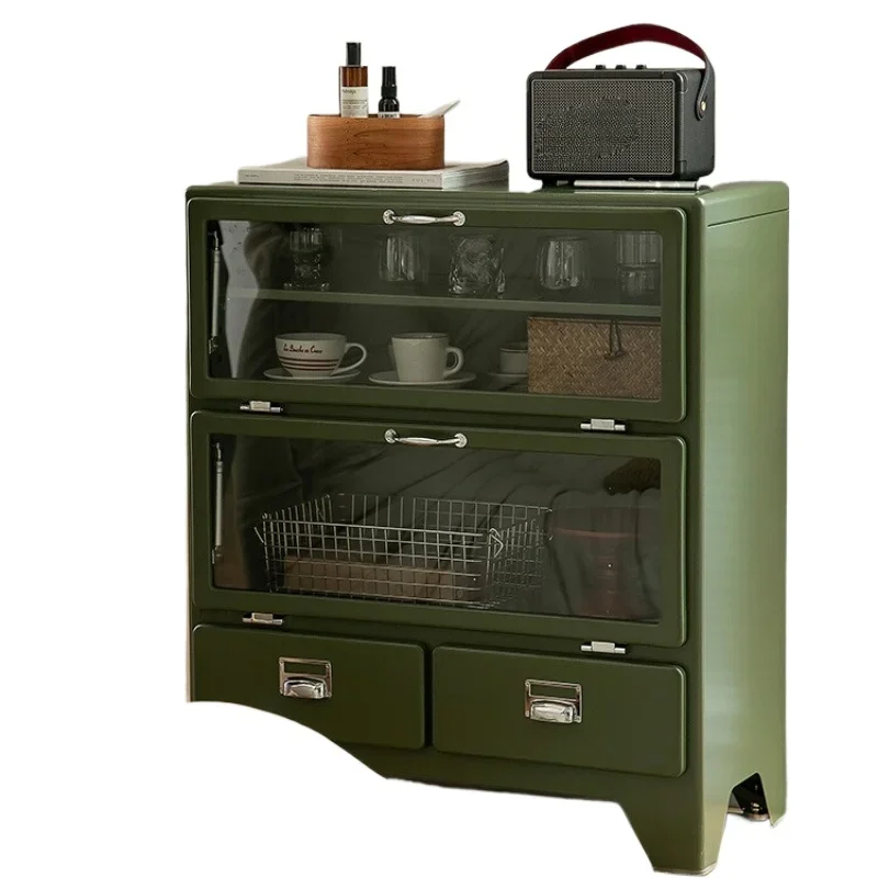 

Retro metal tin cabinet household livi ng room lock er sto rage dr awer glas s storage chest c abinet