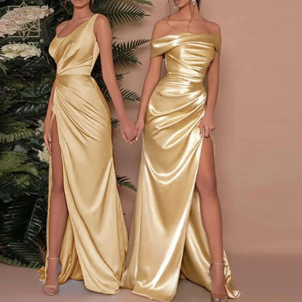 

Evening Women Gold Elegant Prom Dress Off Shoulder Side Split Sexy Cocktail Dress Super Maxi Wedding Bride Dress Homecoming Robe