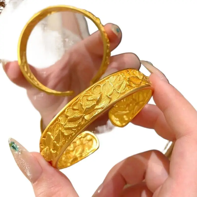 Gold Plated Open Cuff Bangle Dainty Peony Carved Alloy Material Long Lasting Shine for Friend Birthday Gift