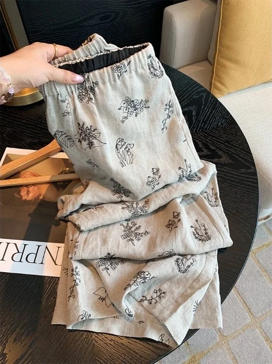 

Retro Embroidered Wide Leg Pants Loose Comfortable Casual Cotton Linen Women's plus Size Summer New Design Sensation Trousers