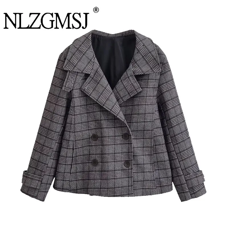 

NLZGMSJ женская свободная клетчатая куртка 2026, весеннее короткое шерстяное пальто с длинными рукавами и пуговицами, женский укороченный топ, верхняя одежда