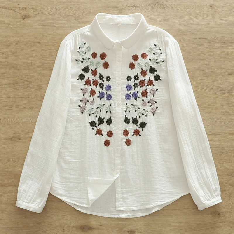New 2026 Spring Women Cotton Yarn Long Sleeve Shirt, Turn-down Collar Embroidery, Mori Girl Versatile Soft Loose Blouse T62927CC