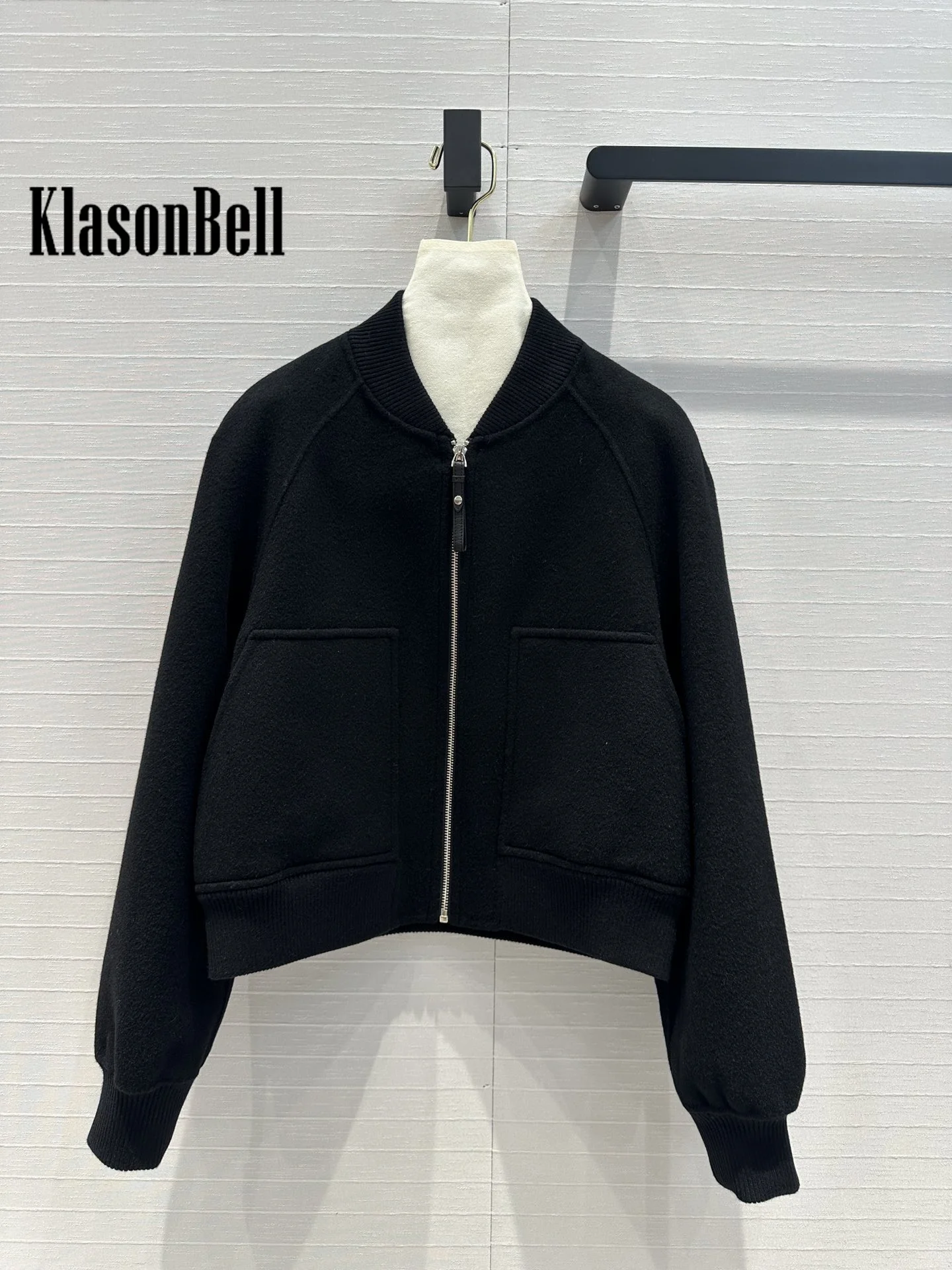 7.23 KlasonBell Women Double-Side Cashmere Jacket Ribbed Spliced Stand Collar Raglan Sleeve Zipper Coat 2024 Autumn Winter New