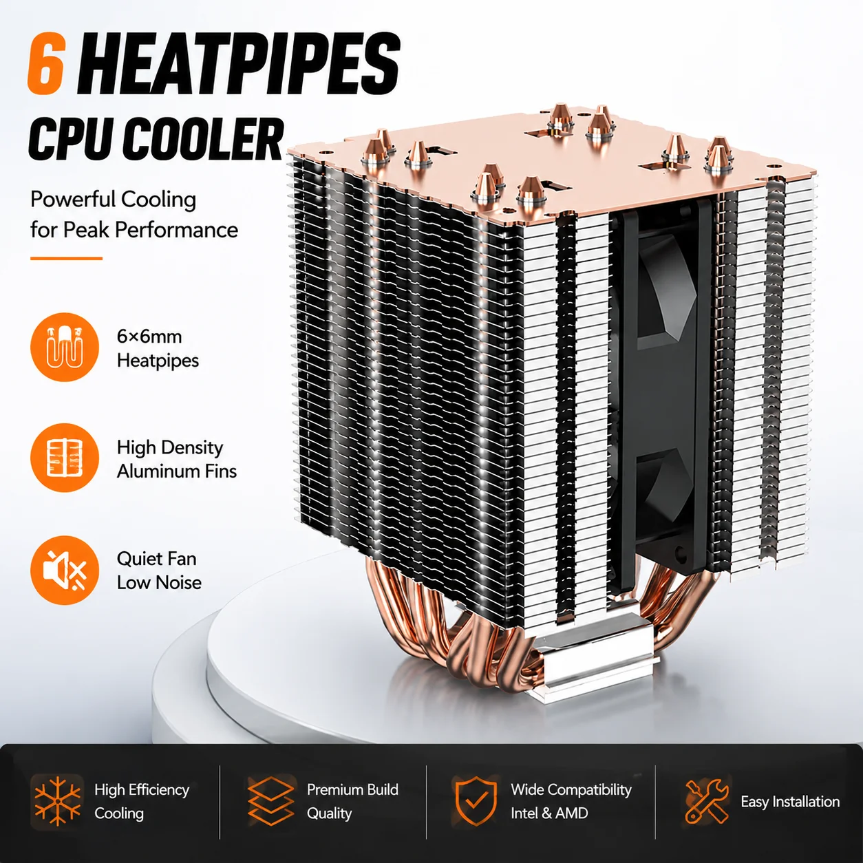 6 Heat Pipe CPU Cooler 4Pin PWM Lightless Silent Fan for Intel LGA 1700 1200 1150 1151 1155 1156 2011 1366 X79 X99 AM3 AM4 AM5