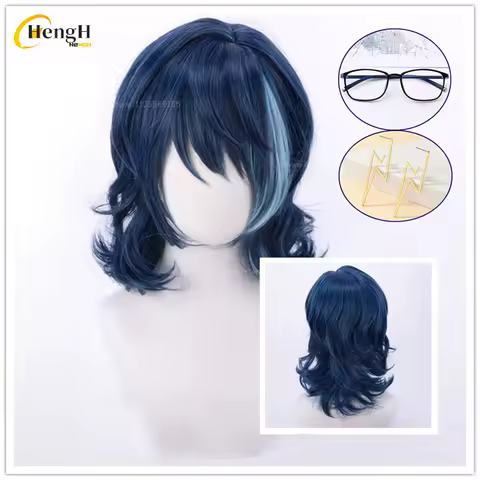 In Stock Synthetic Anime ES Tsumugi Aoba Cosplay Wig Long 45cm Blue Highlight Wig With Glasses Heat Resistant Hair Party Wigs