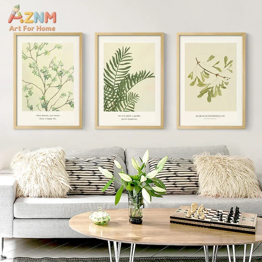 AZNM Vintage Botanical Leaf Canvas Wall Art Green Plant Branch Palm Leaf Inspirational Text Print Neutral Beige Background Minim