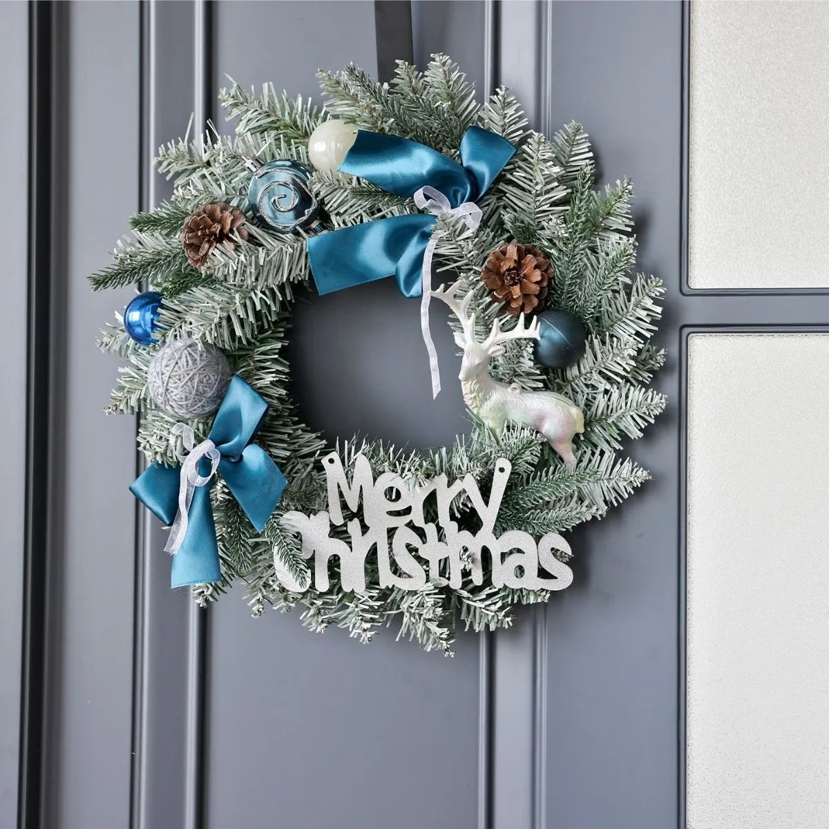 Christmas Wreath  White Blue Snow Flocked Winter Wreaths with Xmas Ball Bow Ribbon Gifts Box Snowy Flocked Xmas Wreath Decor view 2