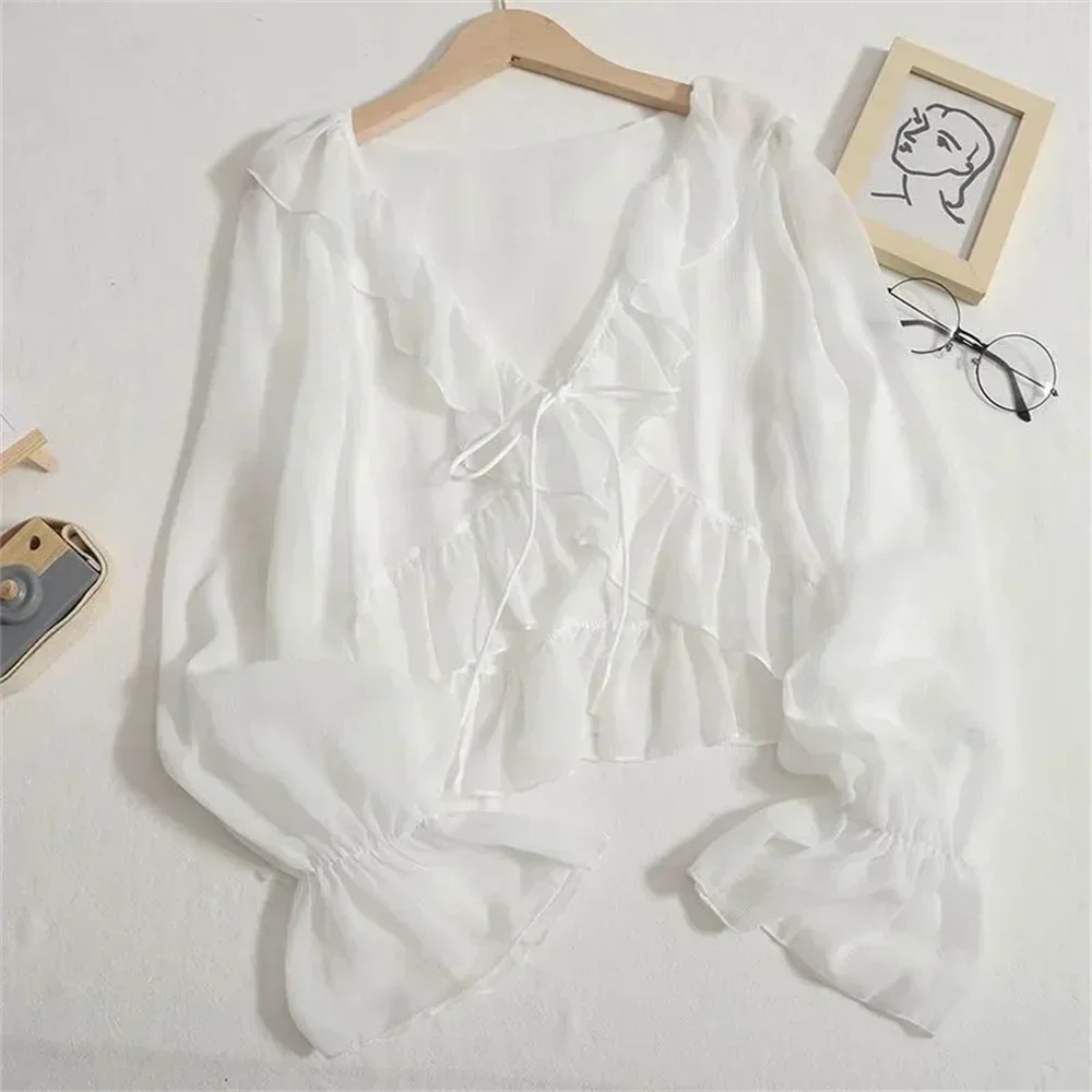 

2025 Summer New Design Thin Long Sleeve Sweet Girl All-match Korean Style Streetwear Loose Blouses Women Ruffled V-neck Lace-up