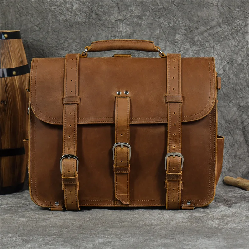 

New retro men's luxury handbag, genuine leather business briefcase, crazy horse leather backpack, multifunctional travel bag