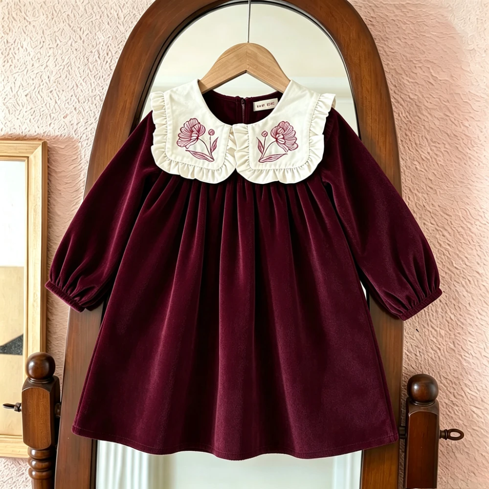 Korean Embroidery Flower Lapel Long Sleeved Girls Dresses Wine Red Christmas and New Year Kids Clothing Sweet Princess Dress