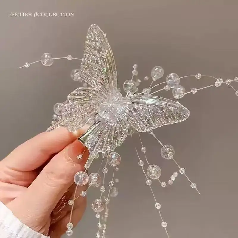Long Crystal Butterfly Tassel Hair Clips 1Pair Shiny Luxury Cute Hair Accessories for Teen Girls School Daily Wear