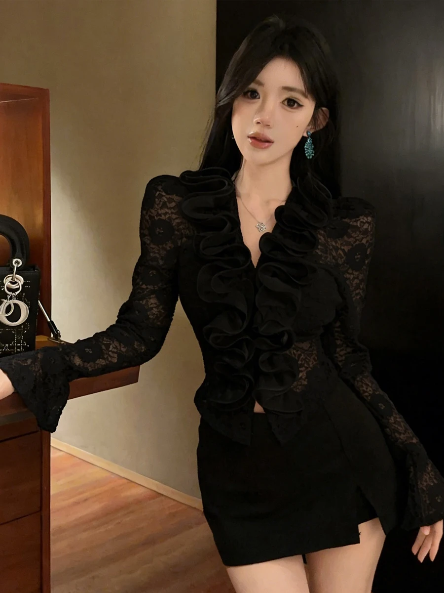Slim Fit Lace Bell Sleeve High Waist Wrap around Skirt Two Piece Set V Neck Court Style Floral Embellished Top And Bottom