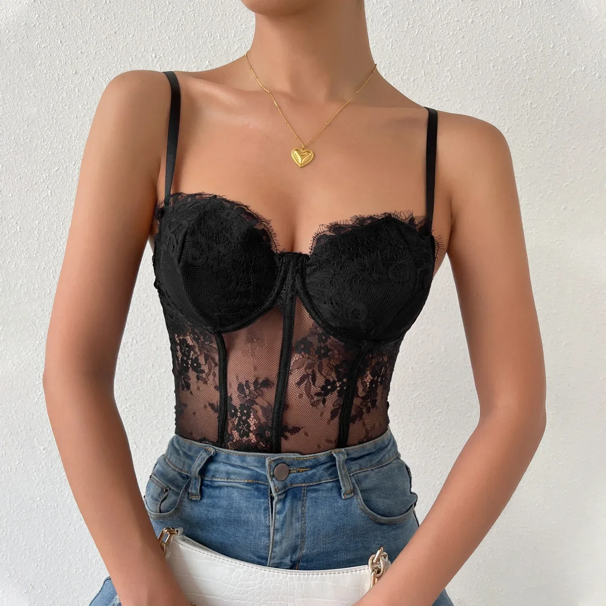 Sexy Black Lace See-through Corset Summer Fashion Streetwear Women\'s Crop Tank Top Ladies Halter Tops Bustier Lingerie Camisole