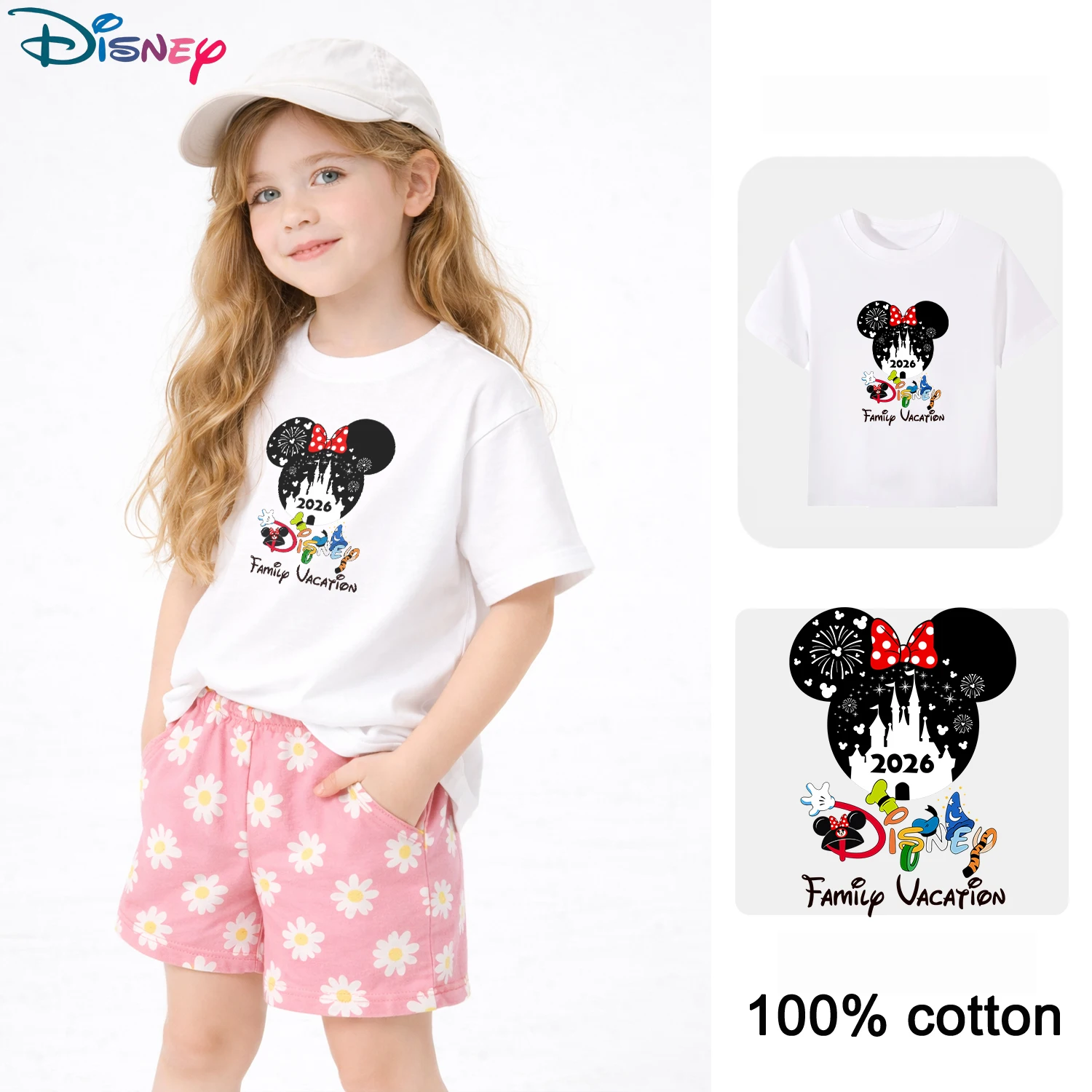 

Детская футболка Disney 2026 Family Trip из 100% хлопка с круглым вырезом и короткими рукавами, одинаковый топ для отдыха в тематическом парке, черный/белый