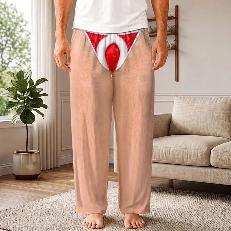 Men Funny Christmas 3D Skin Print Pajama Pants Santa Jockstrap Fake Thong Wide Leg Trousers Xmas Bachelor Party Prank Costume