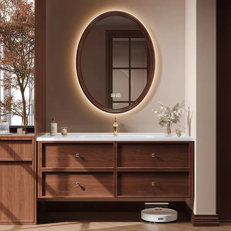 

bathroom cabinet combination oak hand wash basin wash table rock slab hot bending ceramic integrated basin Customizable