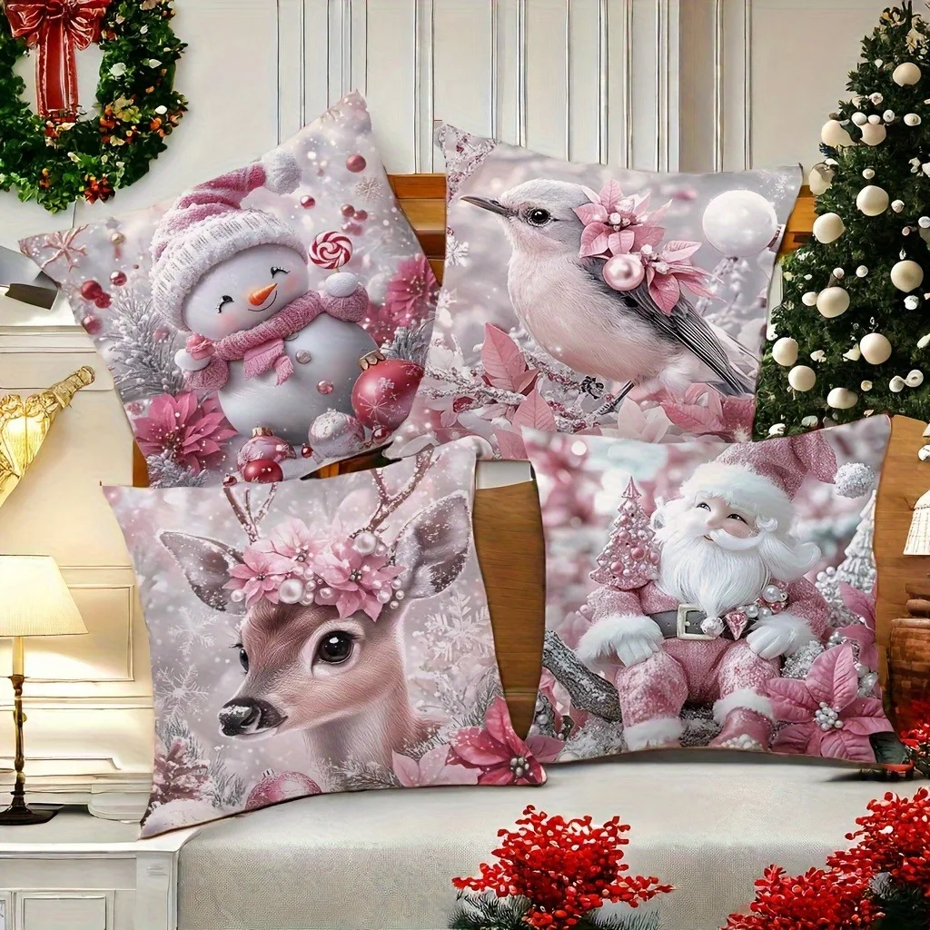 ¡Navidad linda rosa! Funda de almohada con patrón de muñeco de nieve y ciervo, pájaro y Papá Noel, decoración del hogar de Año