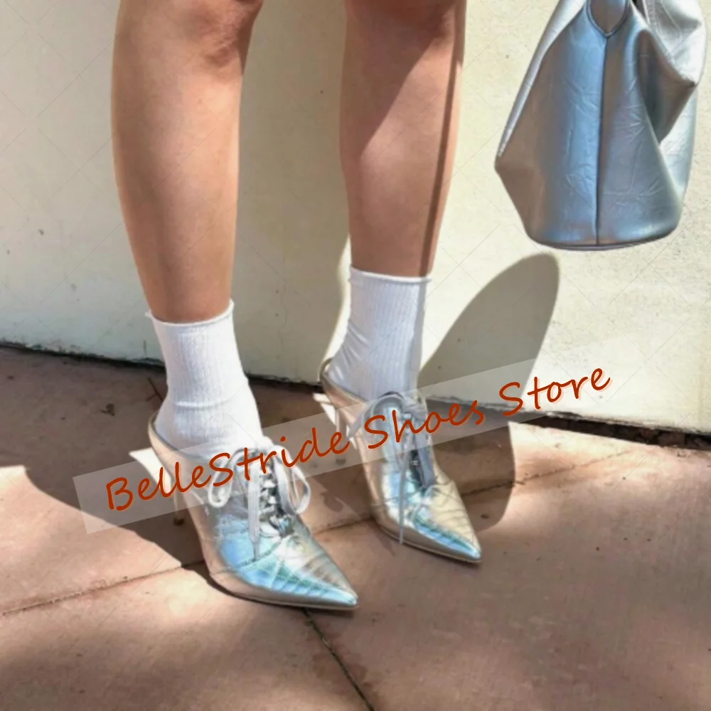 Silver Pointed Toe Lace up Slippers Patent leather Women Shoes Stilettos High Heels Party Banquet Dating 2025 Zapatos Para Mujer