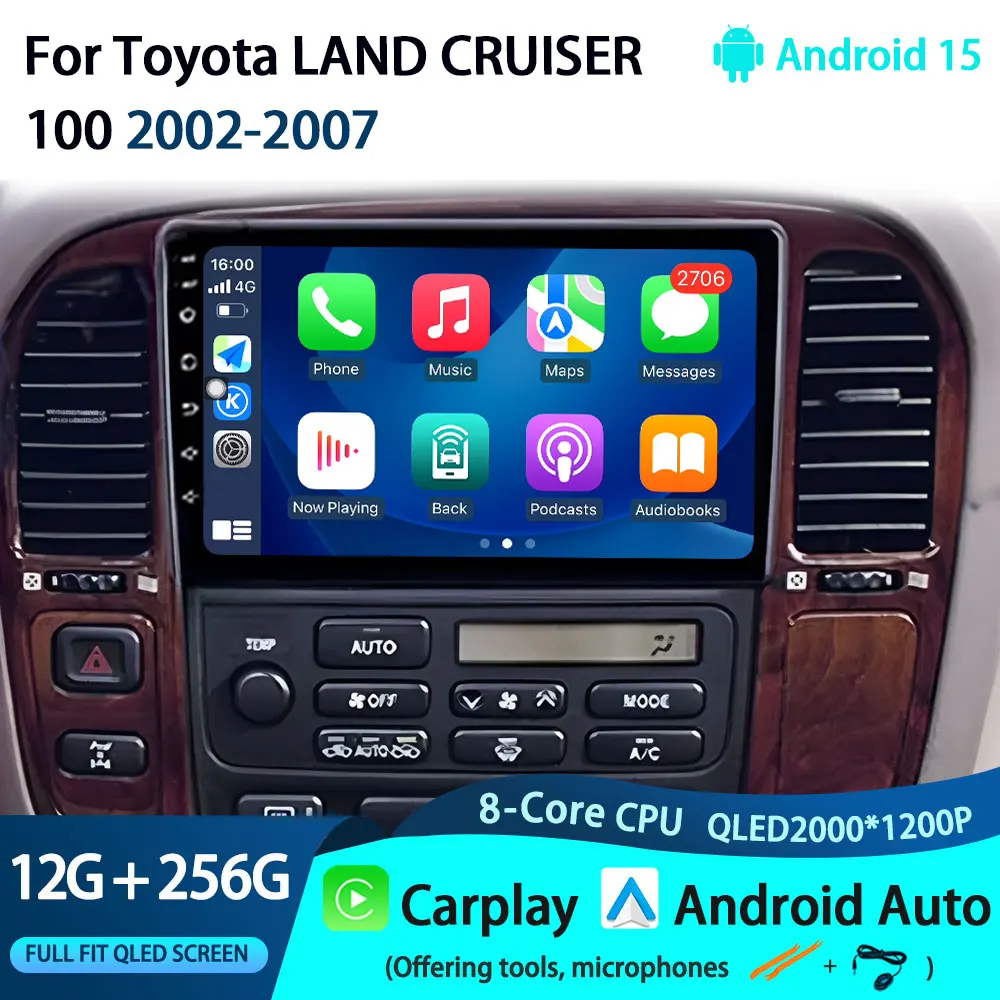 

Android 15 Carplay Auto для Toyota LAND CRUISER 100 2002-2007, автомобильный радиоприемник без 2Din, видео стереоплеер, навигация