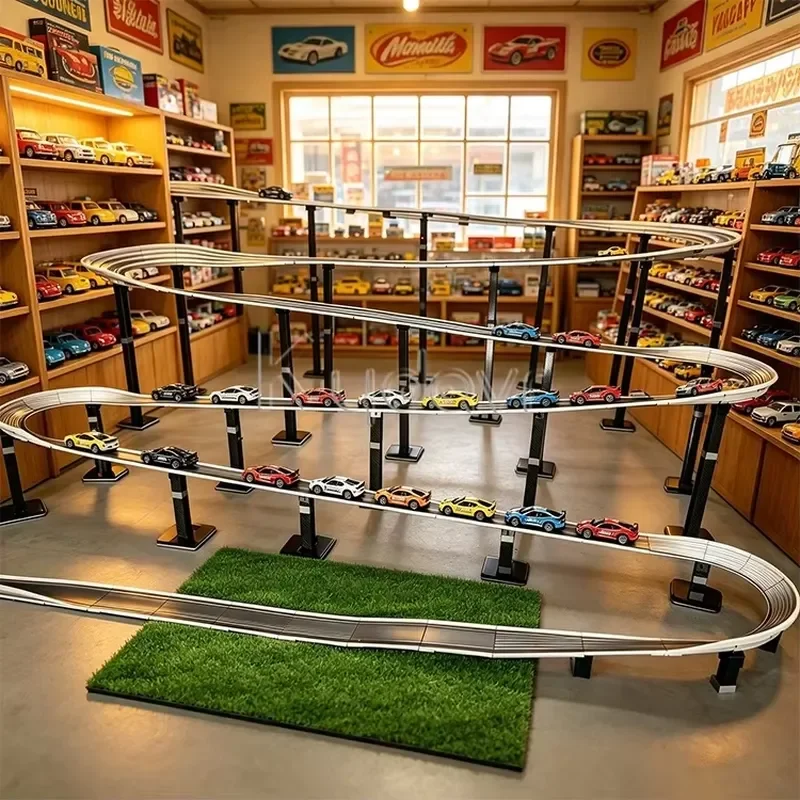 Professional Indoor Customized Large Track Set Equipment Timing Gravity Driven Battle Run Competition Game Car Racing Track