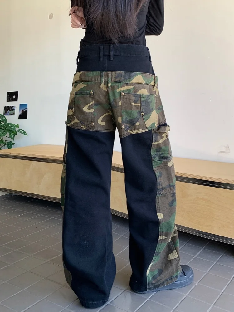 2024 Cyber Y2K Streetwear Camouflage Patchwork Tierred Baggy Stacked Cargo Jeans Pants For Women Designer Clothes Lady Trousers