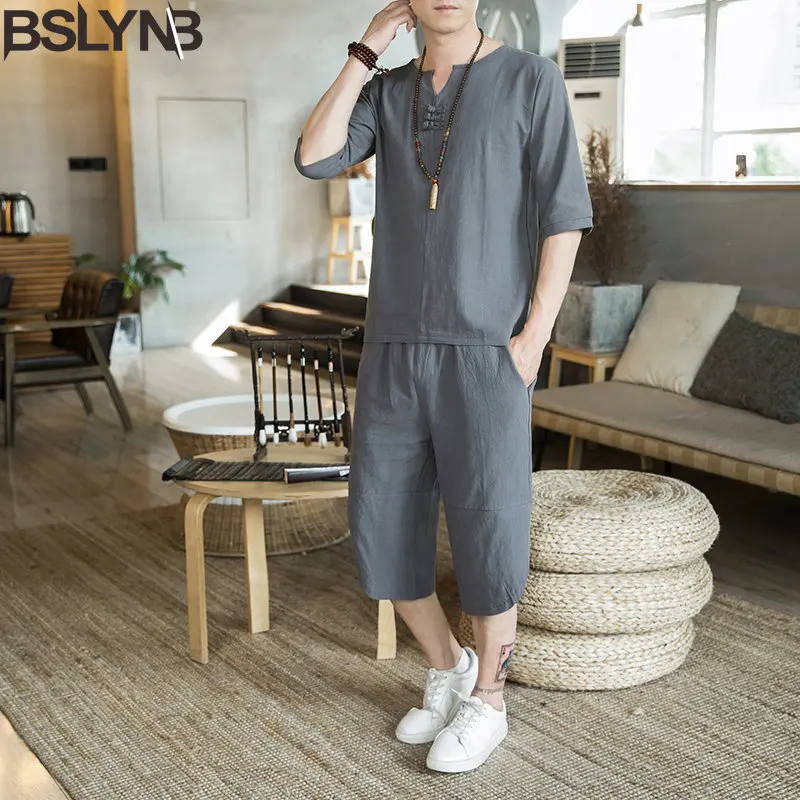 Chinese Style Summer Thin Cotton and Linen Sets Solid Color Three-quarter Pants Casual Men's Sets 2 Pieces Clothing