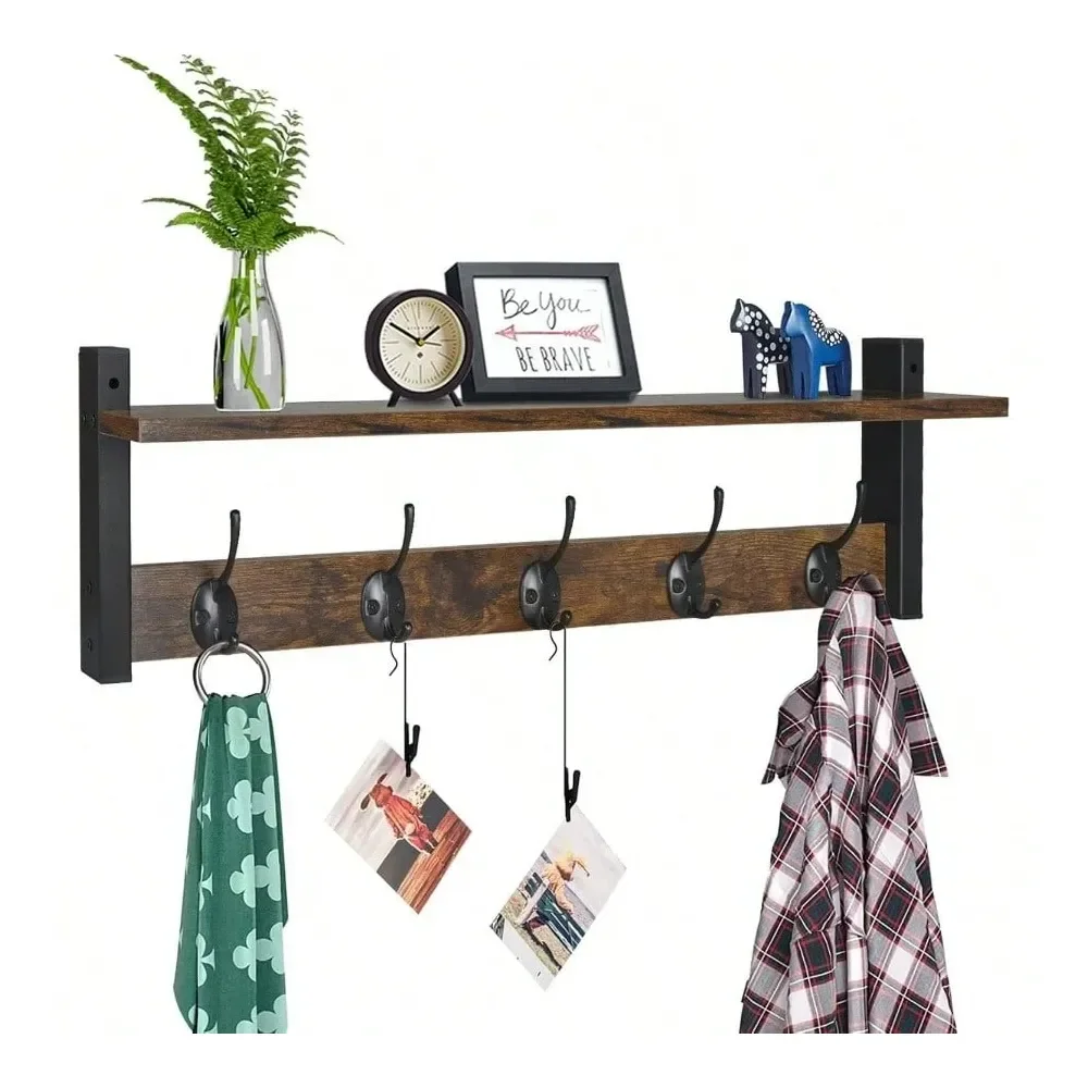 

Hooks With Shelf, Wood Coat Rack With Shelf Wall Mounted, Entryway Hanging Shelves With 5 Metal Hooks Clothes Hats Towel Purse
