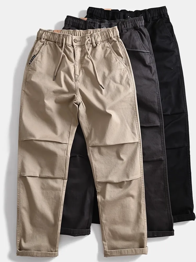 Men's Heavyweight Micro-Stretch Straight Cargo Pants  Japanese Retro Style Casual Loose Elastic Waist Pants Outdoor Hiking Pants