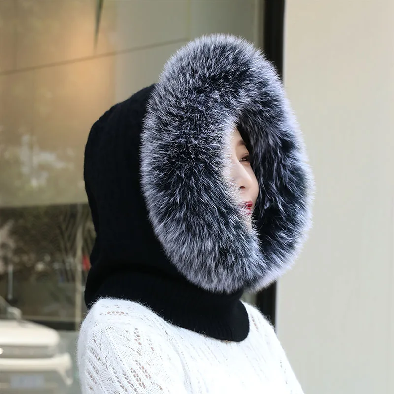 Winter Women Knitted Fur Cap with Genuine Fox Fur Trimmed Hooded Warm Wool Neck Warm Outdoor Ski Hat Beanies