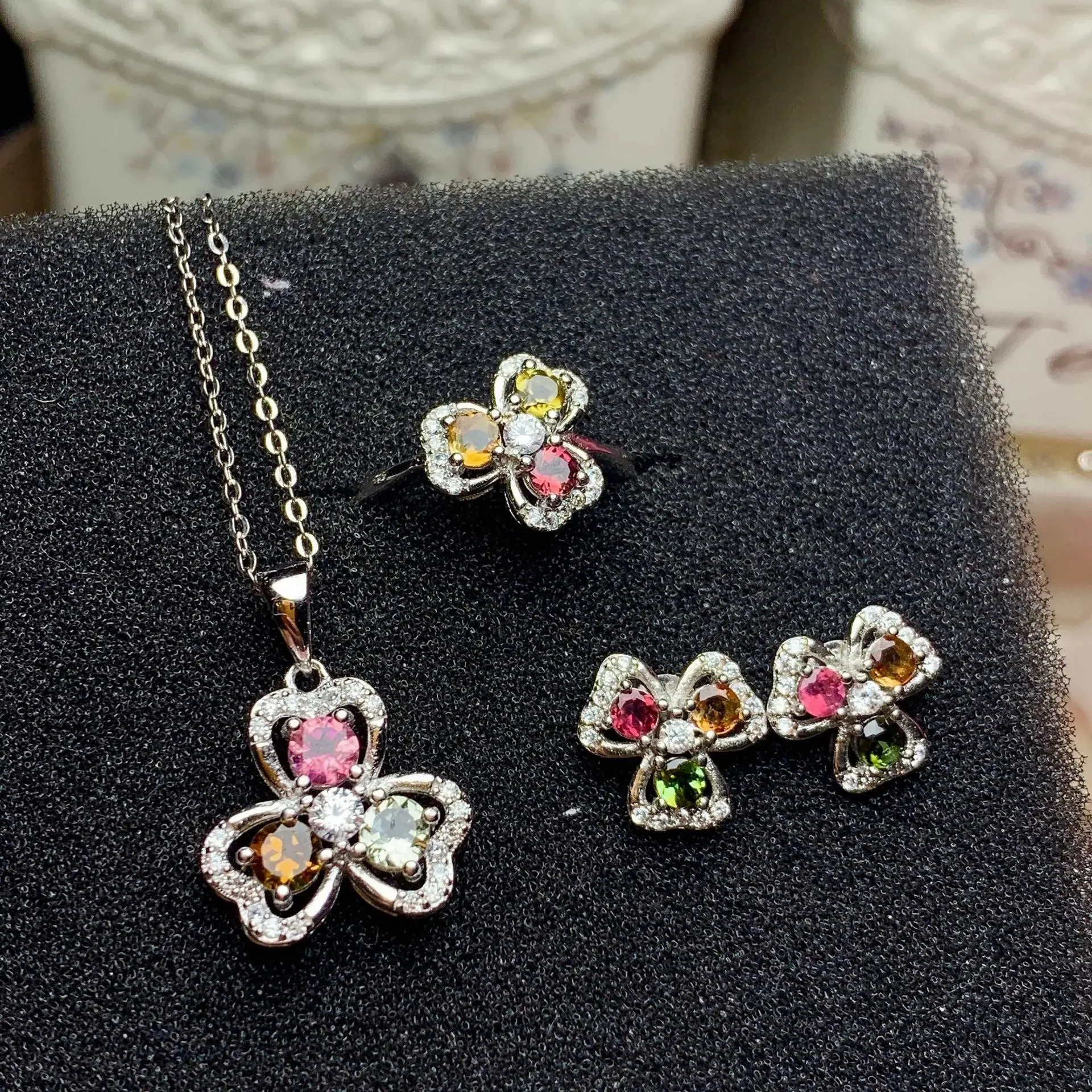 100% Natural Multicolor Tourmaline Jewelry Set 925 Silver Tourmaline Ring Earrings Pendant Fashiongemstone Jewelry Set for Party