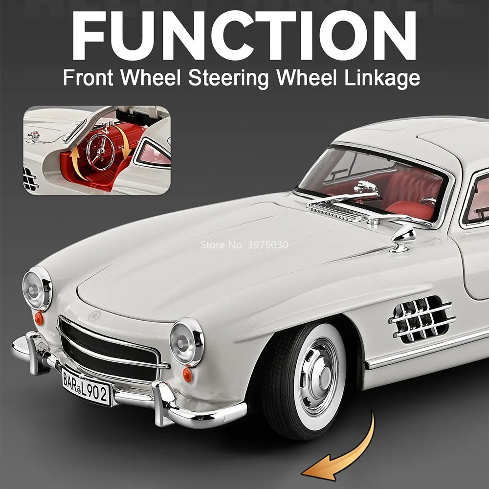 1:18 Legering Benz 300SL Auto Modellen Diecast Speelgoed Rubberen Banden Wiel Trek Miniatuur Vintage Auto Licht Muziek Voertuig Home Decor