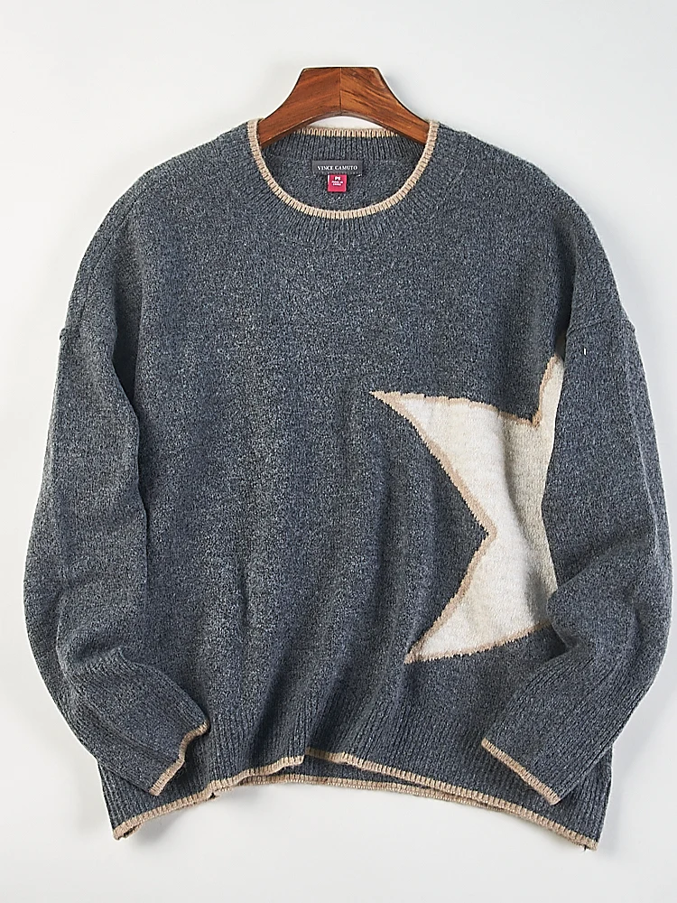 

Loose Fit round Ne Pullover Sweater Women's Star Embroidery Color Blo Knittedwear Casual Sle Winter Warm Long Sve