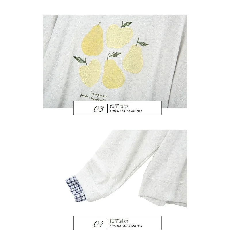 Felpa Blu Navy da Donna, Stile Casual con Motivo a Frutta, Maniche Lunghe, Effetto Due Pezzi, Polsini a Quadri