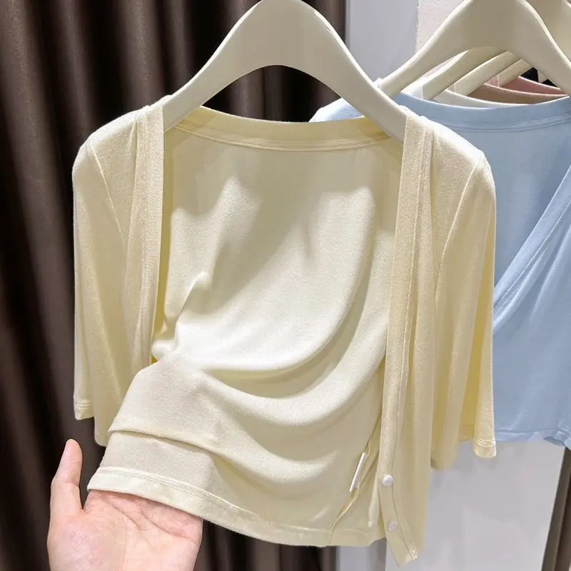 Women's Summer Ice Silk Ultra Elastic Five-Quarter Sleeve Modal Cotton Top Thin Cover up Short Jacket Shoulder Shawl