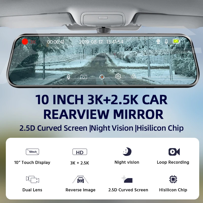 Yangood Dashcam 3K +2.5K Mirror DVR With 10 Inch Rear Support For GPS WIFI Function 24H Night Vision Parking Recording Monitorin