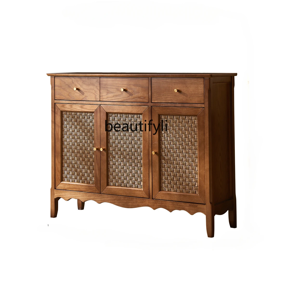 Japanese Style Rattan Solid Wood Storage Living Room Storage Hallway Chest of Drawers