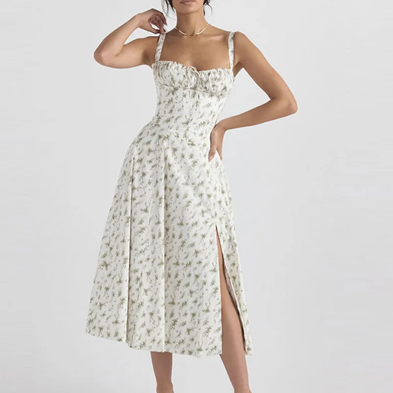 Sommerkleid für Damen mit Blumenmuster, langem Schnitt, verstellbaren Trägern, Midi-Korsett, Urlaubs- und Strandkleid, fließend, mit Schlitz und Schnürung, für Ausgeh-Anlässe – Detail 5