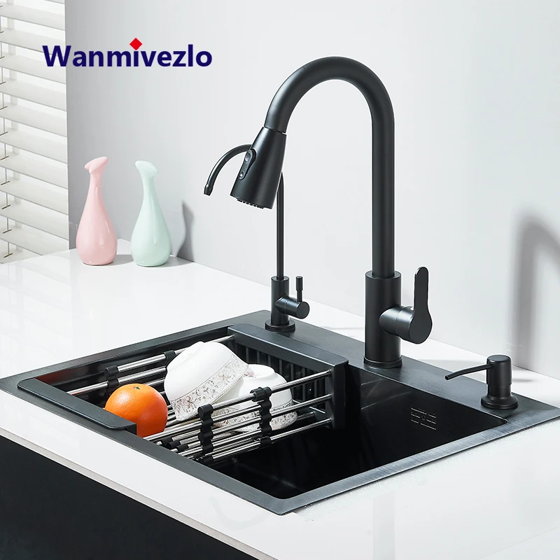Fregadero de cocina multifunción de acero inoxidable 304, botón de parada de agua, tipo rociador, grifo puro, mezclador de agua fría y caliente