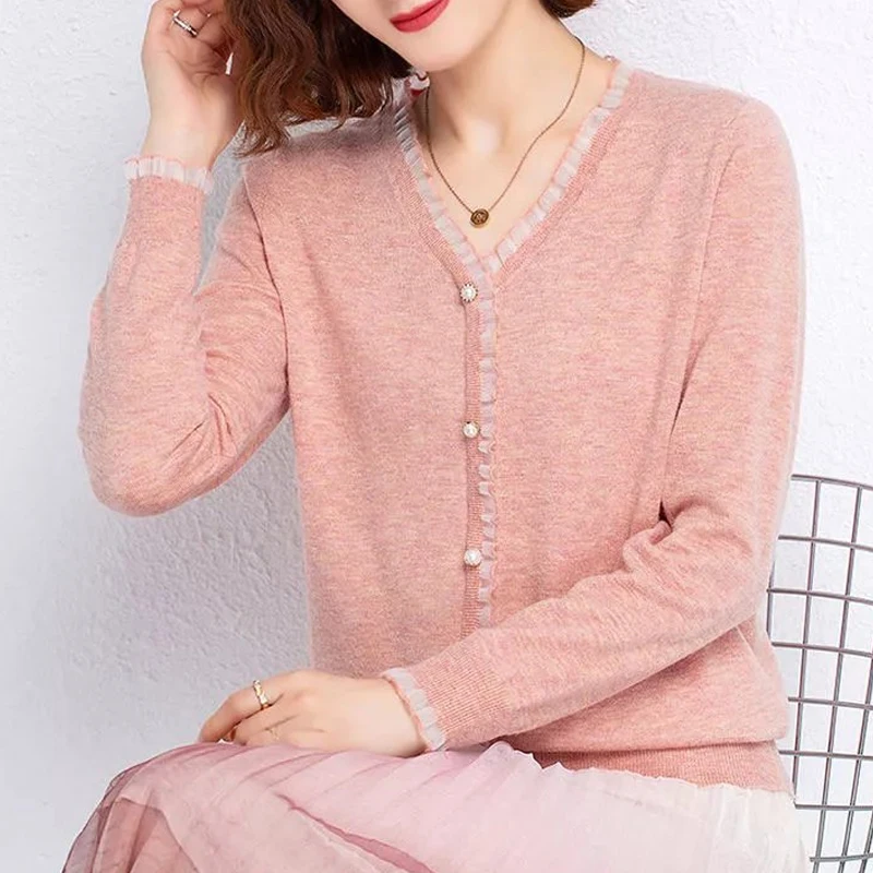 Women Ruffled Mesh Patchwork Elegant Chic Basic Knitwears Spring Autumn Female Fashion V Neck Long Sleeve Pullover Tops Jumpers