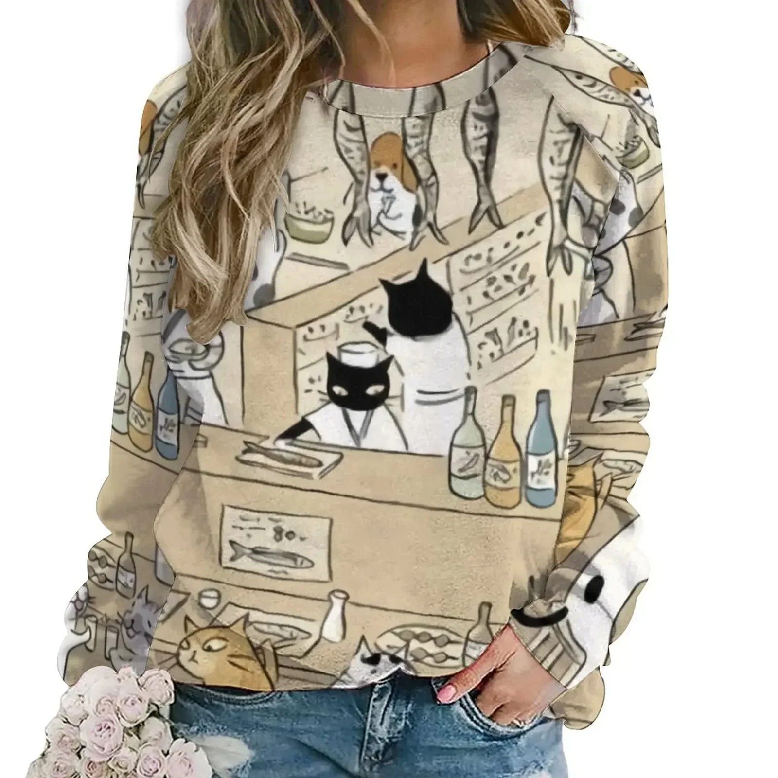 

Japanese Anime Hoodies Womens Long Sleeve Cat Restaurant Print Pretty Casual Hoodie Winter Hip Hop Oversized Graphic Sweatshirts