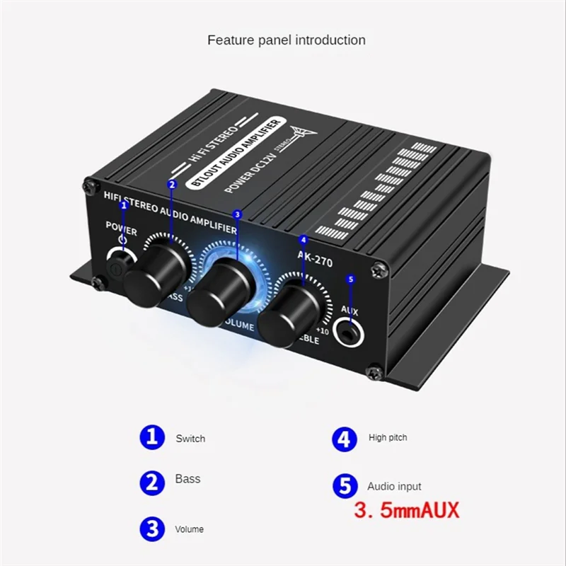 AK-270 AK270 12V Mini HIFI Power Amplifier Audio Home Car Theater Amplifier 2 Channel Amplifier USB/SD AUX Input