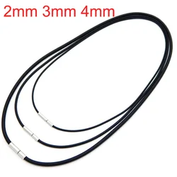 2/3/4mm Black Rubber Cord Rope Chain Round Silicone Necklace Rope Chain Stainless Steel Clasp Connector String Choker 60cm 70cm