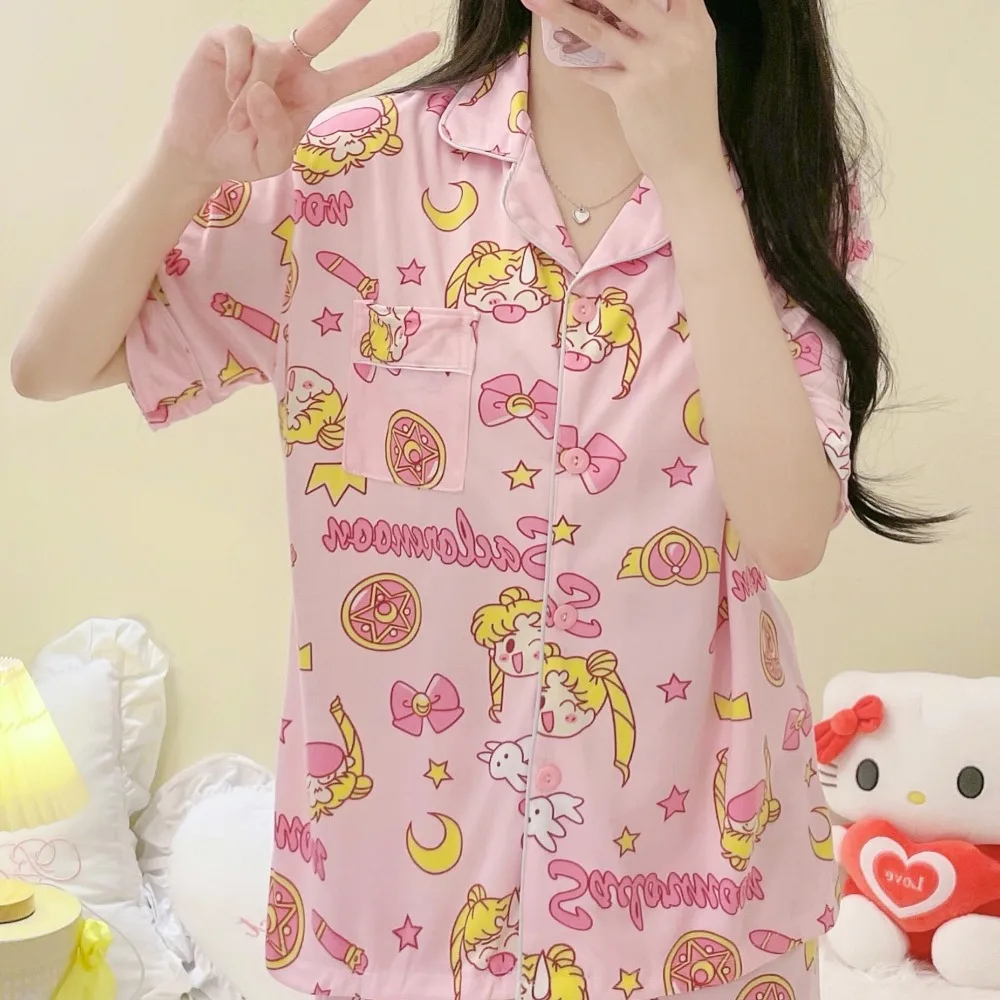 Sailor Moon Woman Anime Cute Pajama Set Girl Cartoon Printed Homewear Adult Kawaii Fashion Loungewear Summer Casual Pijamas Gift