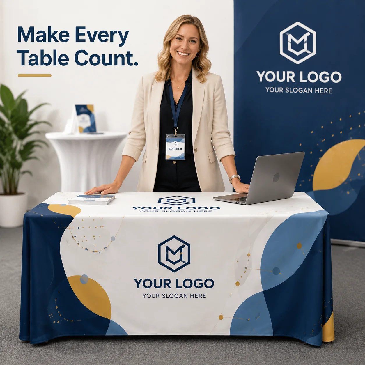 Custom Event Tablecloth with Logo Photo Branding Stretch Table Cover for Trade Show Vendor Display