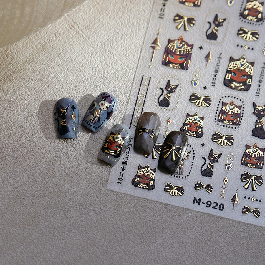 Nail Art Sticker Manicure Decals Retro Noble Mysterious Egyptian Cat Totem Hot Stamping Black Pharaoh Kitty Paw Embossed Reliefs