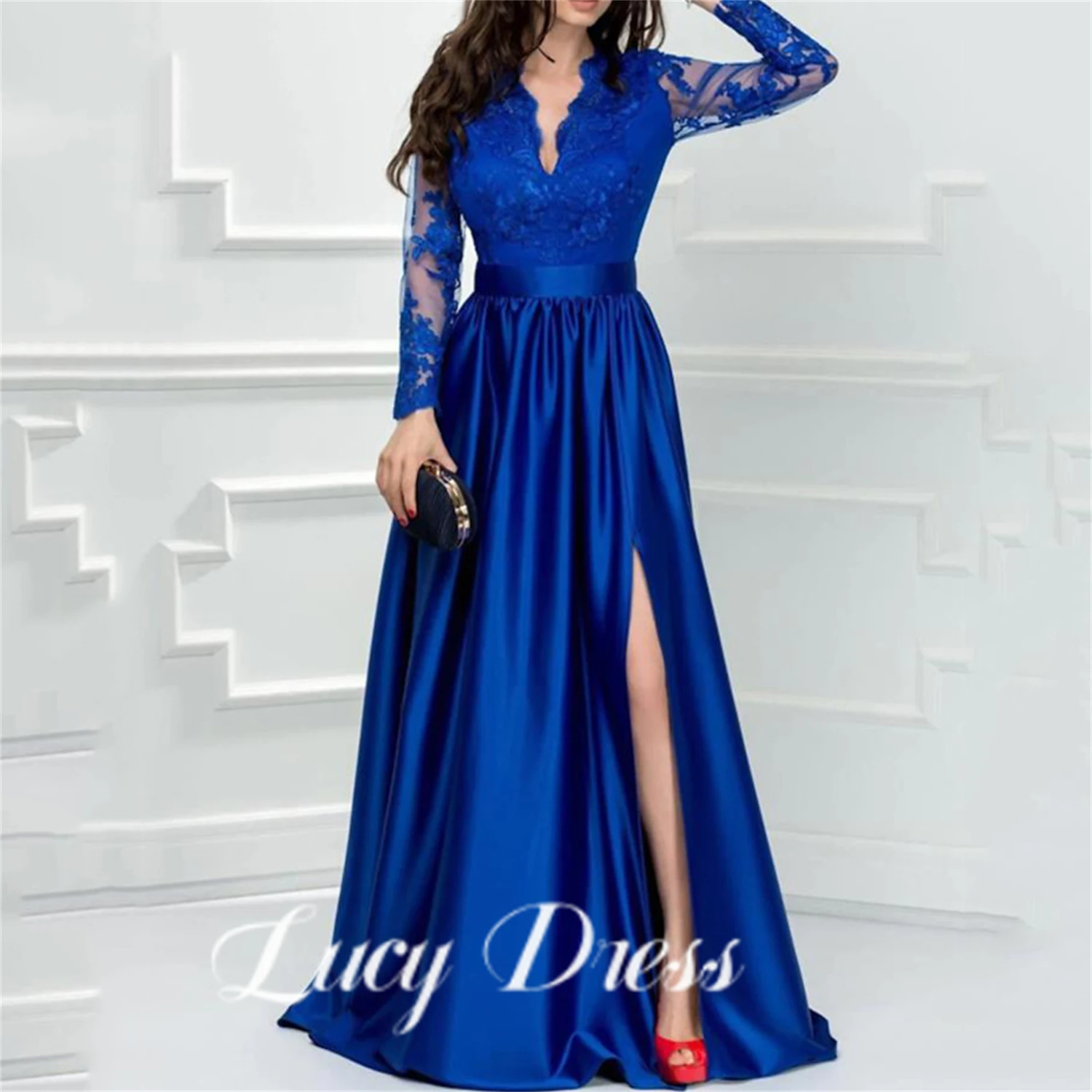 Sexy Lace A-Line With Evening Dresses Customized Elegant Dress Formal Floor Length Long Sleeve V Neck Satin with Slit Appliques